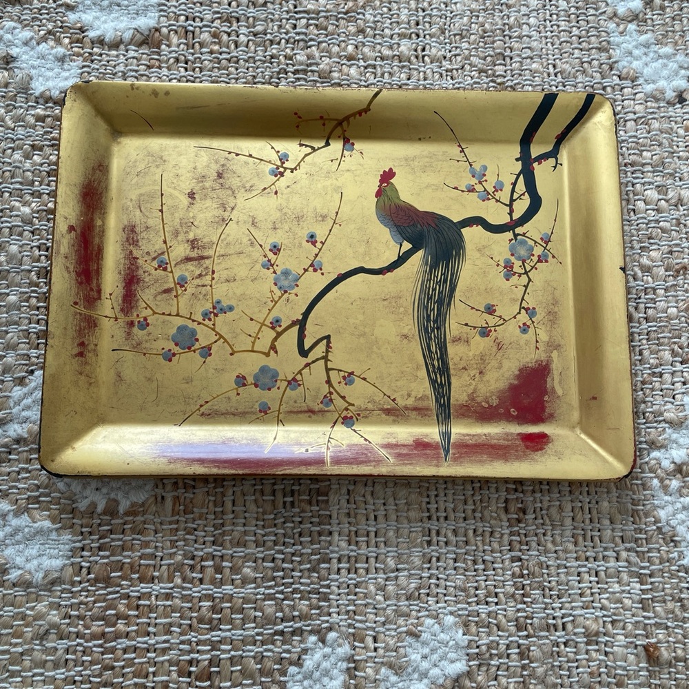 Vintage  Japanese lacquered Tray Bird Cherry Blossom